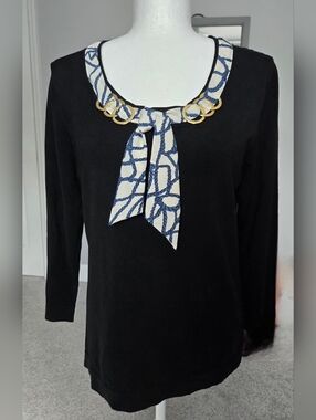 August Silk Black Knit Top with Attached Scarf & Gold O-Rings - Size L